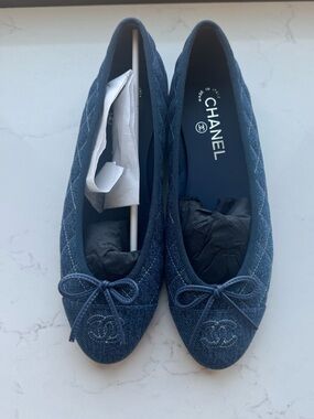 Chanel 26P Washed Denim Quilted Ballet Flats